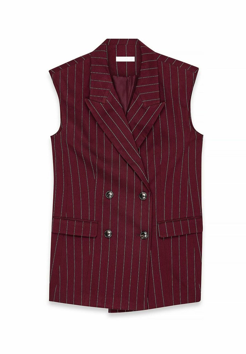 Burgundijska brezrokavna blazer jakna s pindotnim vzorcem, dvorednim zapenjanjem, velikimi reverji in dvema sprednjima žepoma. Gladek material s prilagojenim krojem.