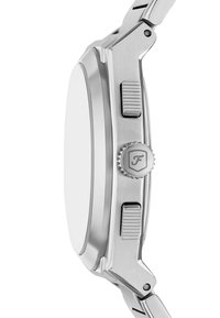 Montre-bracelet en métal argenté avec un boîtier rond lisse, une couronne rainurée et des poussoirs texturés de chaque côté. Design minimaliste, finition polie.