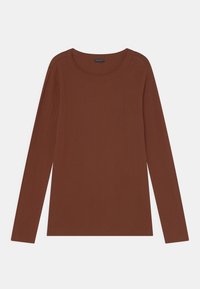 Camisola de manga longa cor ferrugem com textura canelada, decote redondo e detalhe de logótipo bordado no peito.
