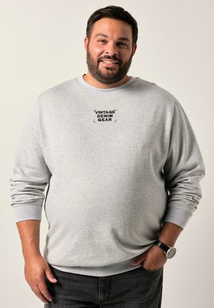 Sudadera gris con cuello redondo, mangas largas y un logo impreso que dice "VINTAGE DENIM GEAR" en negro en el pecho. Textura suave.