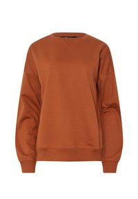 Rdzawozielony długi rękaw sweter z okrągłym dekoltem, z prążkowanymi mankietami i dolnym brzegiem, z prążkowanym detalem w kształcie trójkąta poniżej dekoltu.