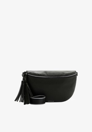Schwarze Leder-Crossbody-Tasche mit geschwungener Form. Sie verfügt über einen Reißverschluss, einen Quasten-Details und einen verstellbaren Tragegurt. Strukturierte Oberfläche.