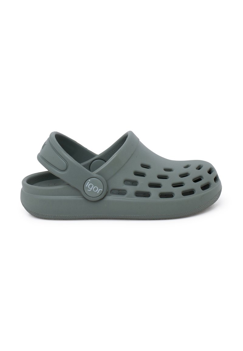 Grüne Kunststoff-Clogs mit geschnittenen Belüftungsöffnungen, einem hinteren Riemen und einem runden Logo an der Seite. Glatte Textur, leichtes Design.