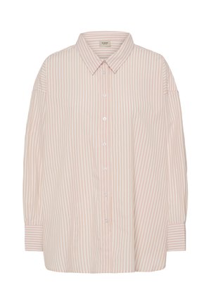 Lyserød og hvid stribet skjorte med knapper, klassisk krave og lange ærmer, der har en løs pasform og en glat stofstruktur.