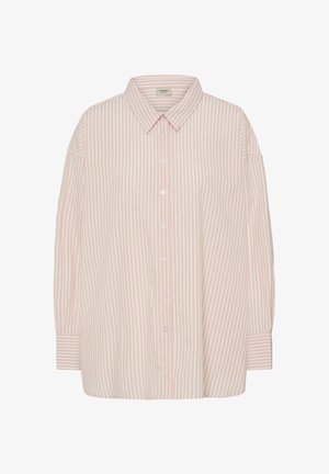 Lyserød og hvid stribet skjorte med knapper, klassisk krave og lange ærmer, der har en løs pasform og en glat stofstruktur.