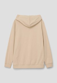 Beige mikina s kapucí, dlouhými rukávy, měkkou texturou, elastickými manžetami a lemem; minimální design, žádné viditelné značení nebo vzory.