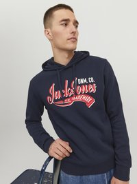 Felpa blu navy in cotone, con un design del logo rosso e bianco sul petto, cappuccio con cordoncino e polsini a coste.
