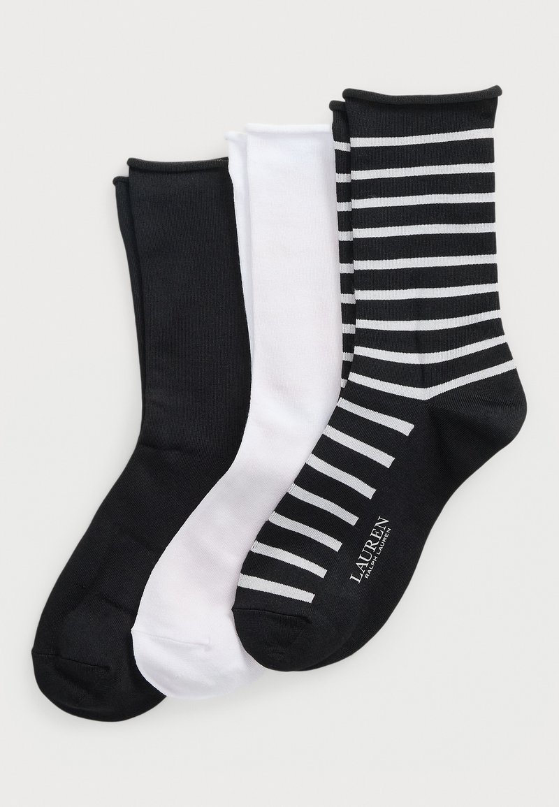 Three pairs of cotton socks: one solid black, one solid white, and one black and white striped. Features a logo on the striped pair.