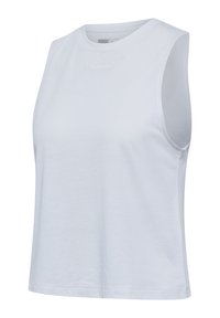 White sleeveless athletic top made of textured fabric, featuring a round neckline and subtle logo detail at the center front.