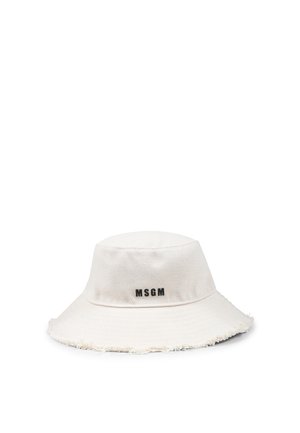 Cappello a secchiello in denim bianco con orlo sfrangiato, caratterizzato da un logo ricamato nero sul davanti. Tessuto morbido e design ampio e svasato.