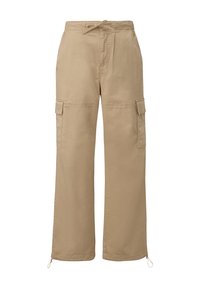 Beige cargobroeken met een relaxte pasvorm, voorzien van zijzakken, een trekkoord in de taille en elastische boorden bij de enkels. Katoenen stof.