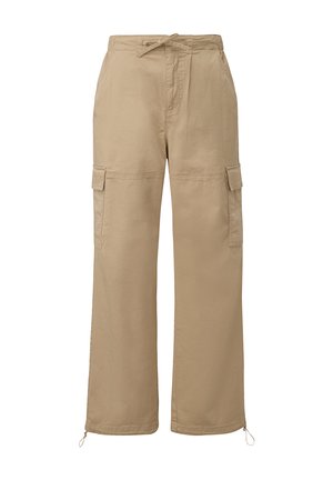 Beige cargo pants with a relaxed fit, featuring side pockets, drawstring waistband, and elastic cuffs at the ankles. Cotton fabric.