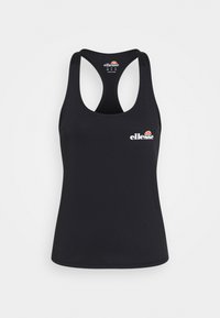 Canottiera sportiva nera senza maniche con scollatura a racerback, logo ellesse bianco e arancione di piccole dimensioni sul petto a sinistra e all'interno del collo dietro.