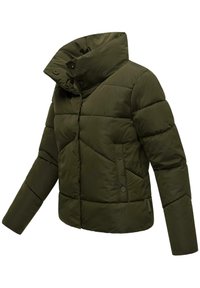 Olive green puffer jacket with a high collar, diamond quilted pattern, two side pockets, and snap button closures on the front.