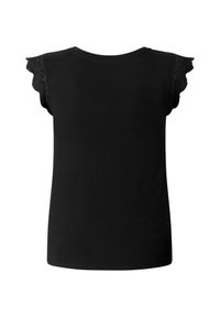 Μαύρο αμάνικο τοπ με ραμμένες δαντέλες με μικρές τρύπες στα μανίκια και στρογγυλή λαιμόκοψη, εμφανιζόμενο από πίσω.