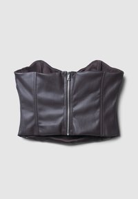 Corsetto marrone in pelle con chiusura a zip sul davanti, caratterizzato da pannelli strutturati e una texture liscia, progettato senza maniche.