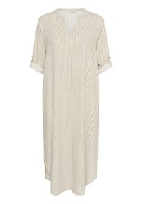 Vestito midi beige e bianco a righe verticali con maniche risvoltate e collo a V.