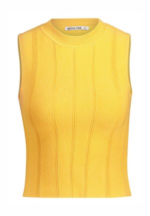 Yellow sleeveless top with a ribbed texture and vertical stripes, featuring a high neckline and fitted silhouette. Brand label visible.