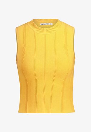 Yellow sleeveless top with a ribbed texture and vertical stripes, featuring a high neckline and fitted silhouette. Brand label visible.