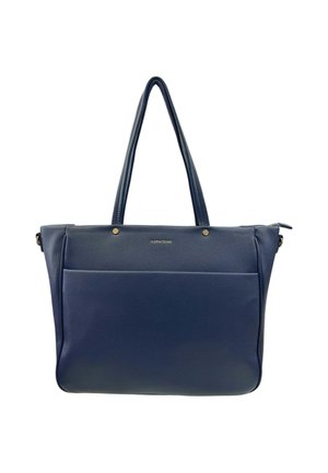 Borsa tote in pelle blu con doppi manici, finitura texture, tasca frontale con zip e dettagli in metallo dorato. Design spazioso e strutturato.