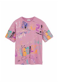 Roze katoenen t-shirt met abstracte graphics in contrasterende kleuren, korte mouwen en een ronde hals. Opvallende patronen en texturen zichtbaar.