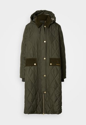 Gequiltede lange jas in donkergroen met een capuchon, corduroy kraag, gouden hardware, twee corduroy zakken en een zijrits.