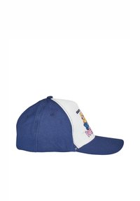 Cappello blu navy e bianco con una grafica stampata di un minion sulla parte anteriore, visiera curva e cintura regolabile sul retro. Materiale in cotone.