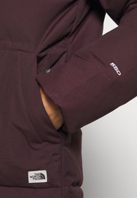 Main d'une personne partiellement dans la poche d'une veste The North Face de couleur violet foncé avec "550" brodé sur la manche.