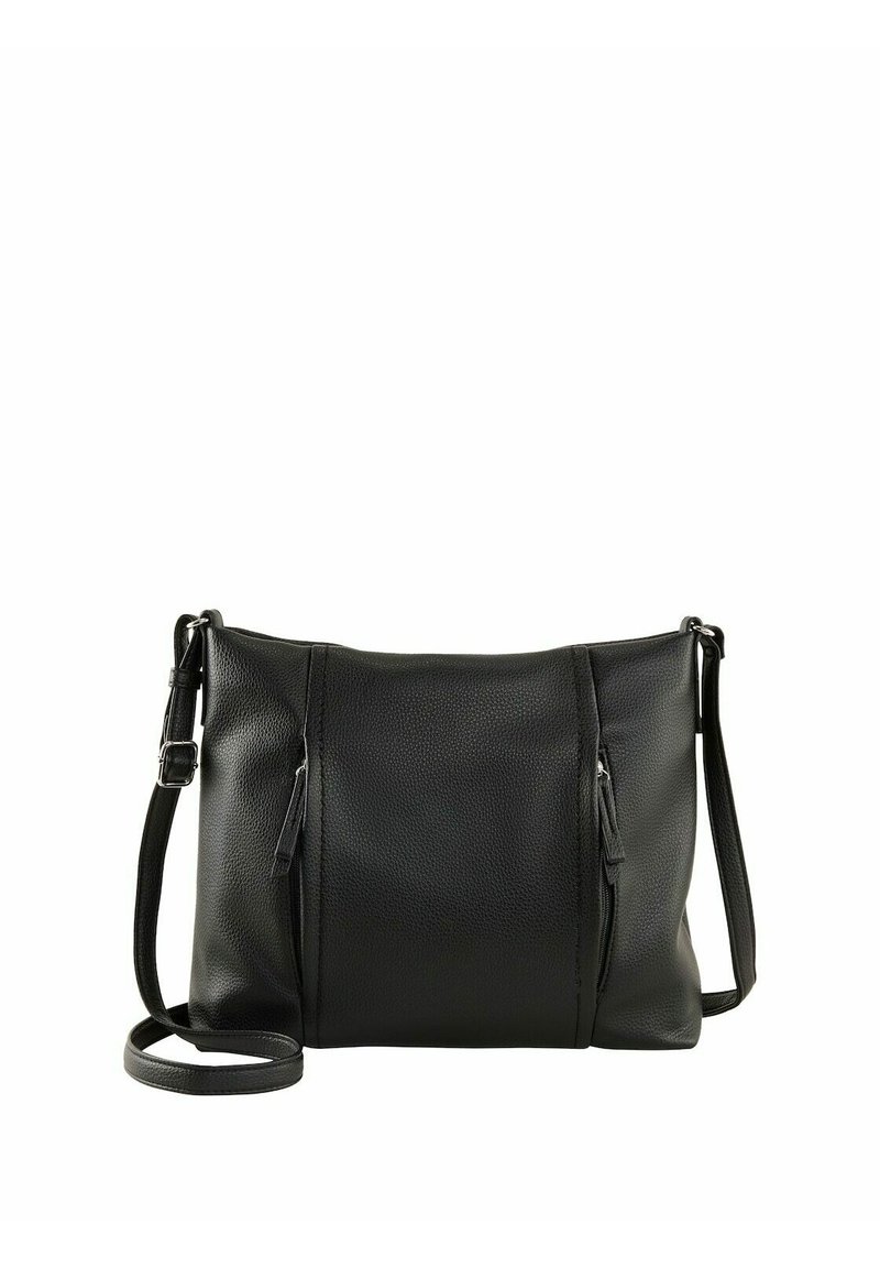 Borsa a tracolla nera in pelle con finitura texturizzata, dotata di due tasche con zip e di una cintura regolabile. Forma rettangolare e design minimalista.