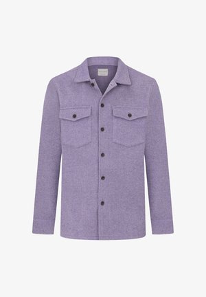 Lila Hemd mit Knöpfen aus strukturiertem Stoff, ausgestattet mit zwei Brusttaschen, schwarzen Knöpfen und einem klassischen Kragen.