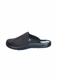 Black slip-on clogs with a textured mesh upper, a sturdy sole, and a cushioned interior for comfort. Features a patterned design.