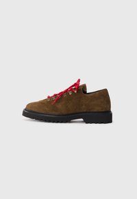 Brown suede shoe with a rounded toe, black rubber sole, metal eyelets, and red laces. Features a simple design for casual wear.
