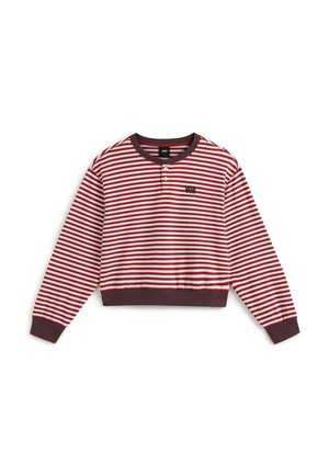 Langärmliges rot-weiß horizontal gestreiftes Shirt mit Zweiknopf-Henley-Kragen und dunkelroten Manschetten und Saum.