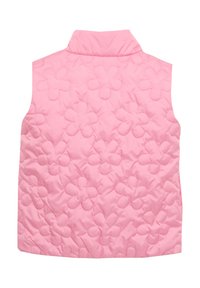Rosa gesteppte Weste mit hohem Kragen und geprägtem Blumenmuster, mit einer glatten, glänzenden Oberfläche und ohne sichtbare Verschlüsse oder Taschen.