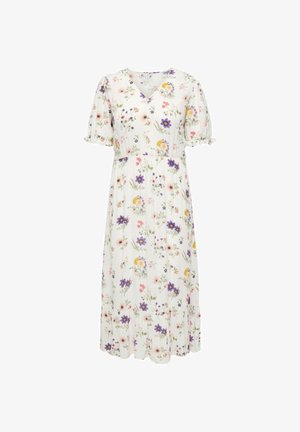 White midi dress with short puff sleeves and tie cuffs, featuring a multicolor floral print and a ruffled hem.