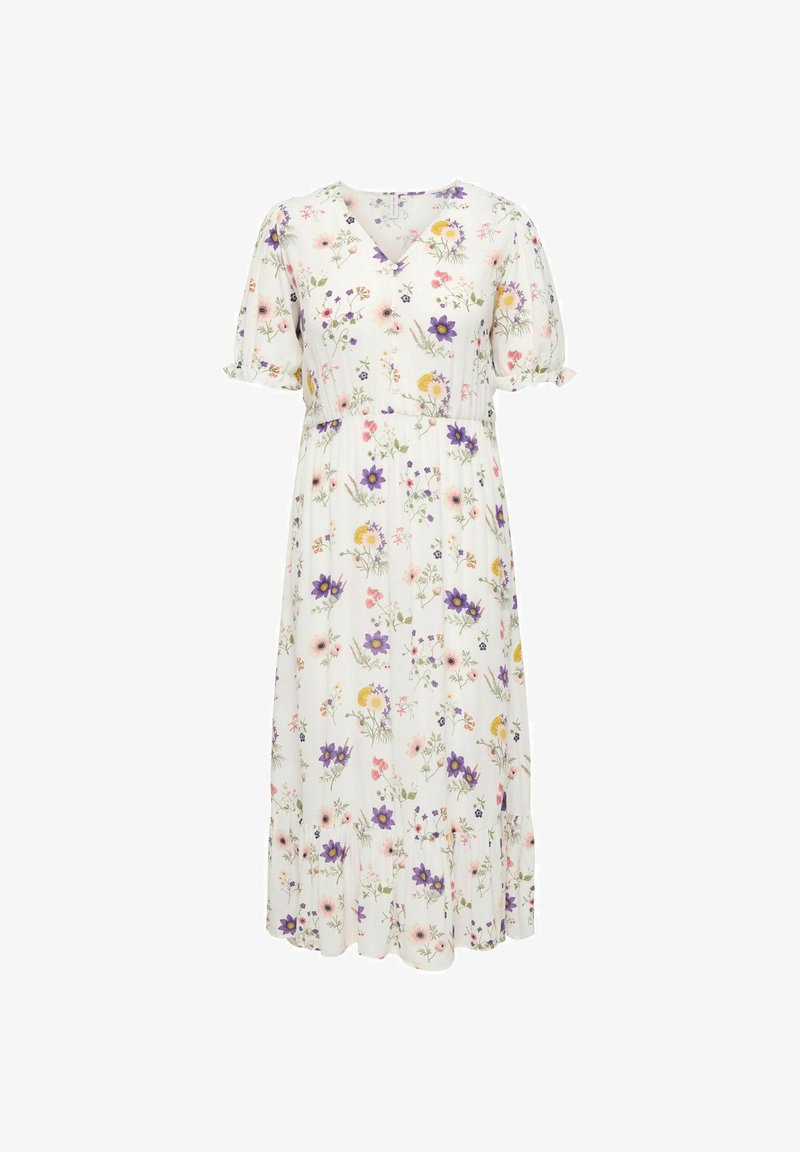 Robe midi blanche avec manches courtes bouffantes et poignets à nouer, avec un imprimé floral multicolore et un ourlet à volants.