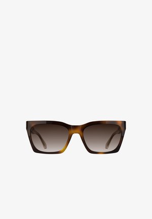 Braune, rechteckige Schildpatt-Sonnenbrille mit verlaufstönenden Gläsern und dicken Rahmen, von vorne gezeigt.