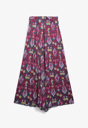 Hose mit weitem Bein und einem Blumenmuster in Rosa, Türkis, Gelb und Lavendel auf fließendem Stoff mit elastischem Bund.