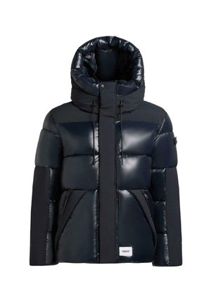 Navy puffer jacket with a shiny finish, featuring a high collar, front zip, and angled pockets. Padded design with contrasting textured panels.
