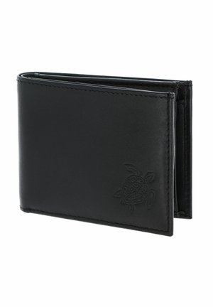 Black leather bi-fold wallet with embossed turtle design on front, displayed slightly open against white background.