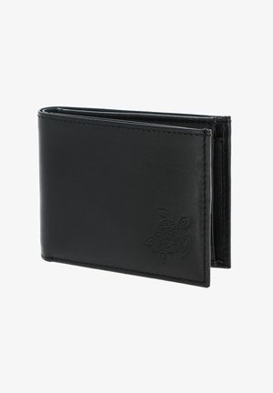 Black leather bi-fold wallet with embossed turtle design on front, displayed slightly open against white background.