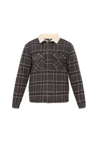 Chaqueta de cuadros gris y roja con botones, manga larga, dos bolsillos en el pecho y un cuello de sherpa blanco.