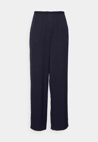 Navy blue, wide-leg trousers made of soft, lightweight fabric. Features an elastic waistband and no visible patterns or hardware.