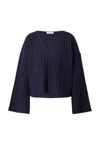 Dunkelblauer, verkürzter Pullover mit geripptem Textur, V-Ausschnitt und weit geschnittenen, langen Ärmeln. Hergestellt aus gestricktem Stoff, der ein strukturiertes Design zeigt.