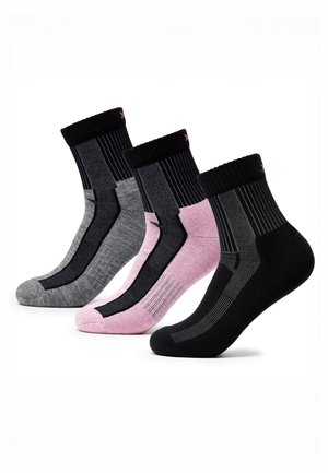 Three pairs of mid-calf athletic socks in gray, pink, and black with black accents and ribbed cuffs, displayed side by side.
