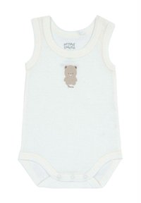 Světlý béžový bezrukávový kojenecký body vyrobený z měkkého bavlněného materiálu, s malou grafikou hnědého medvídka na hrudi a drukovým zapínáním na dně.