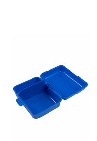Lunch box blu plastica con due scomparti, design rettangolare e coperchio con cerniera. Texture liscia e materiale durevole per la conservazione degli alimenti.