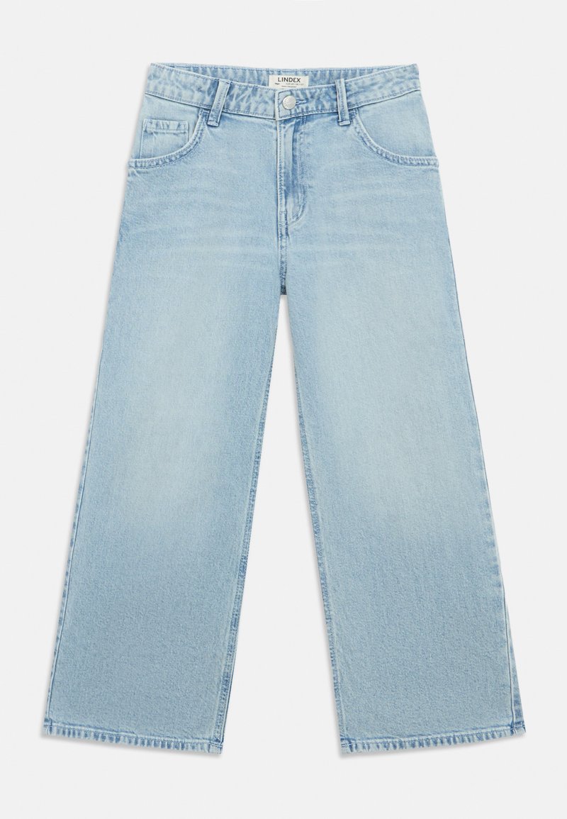Φαρδύ τζιν παντελόνι σε ανοιχτό μπλε χρώμα από τζιν ύφασμα, με πεντατσεπάκια, πάνω κουμπί με φερμουάρ και φθαρμένο τελείωμα.