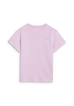 Jasnofioletowy krótki rękaw, bawełniany t-shirt z okrągłym dekoltem i małym haftowanym logo „4F” na lewej piersi.