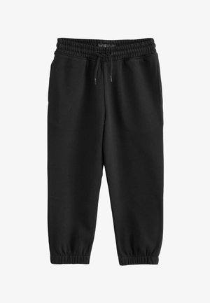 Pantaloni della tuta neri realizzati in tessuto morbido, con una vita elastica e cordino, e polsini elastici alla caviglia. Design semplice, senza modelli.